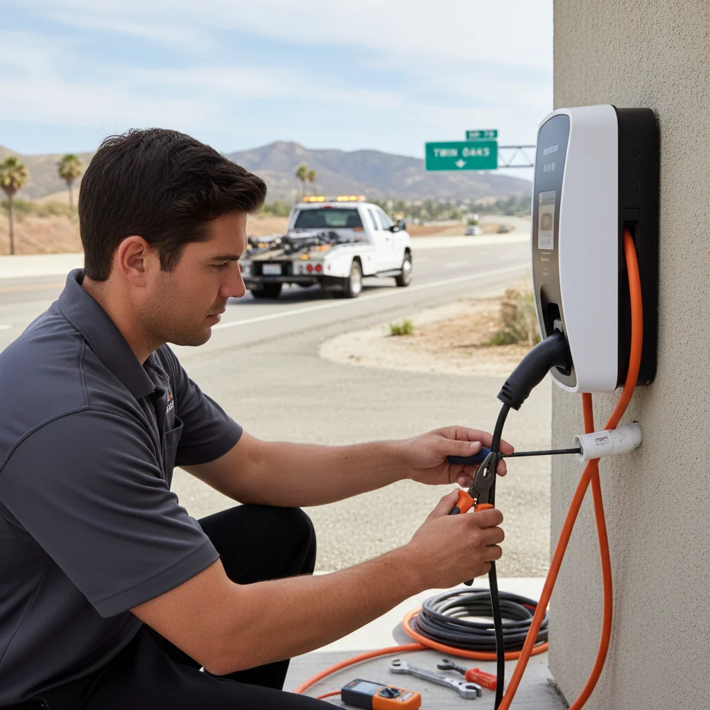 A technician plugging a portable charger cable into a parked electric car on a street