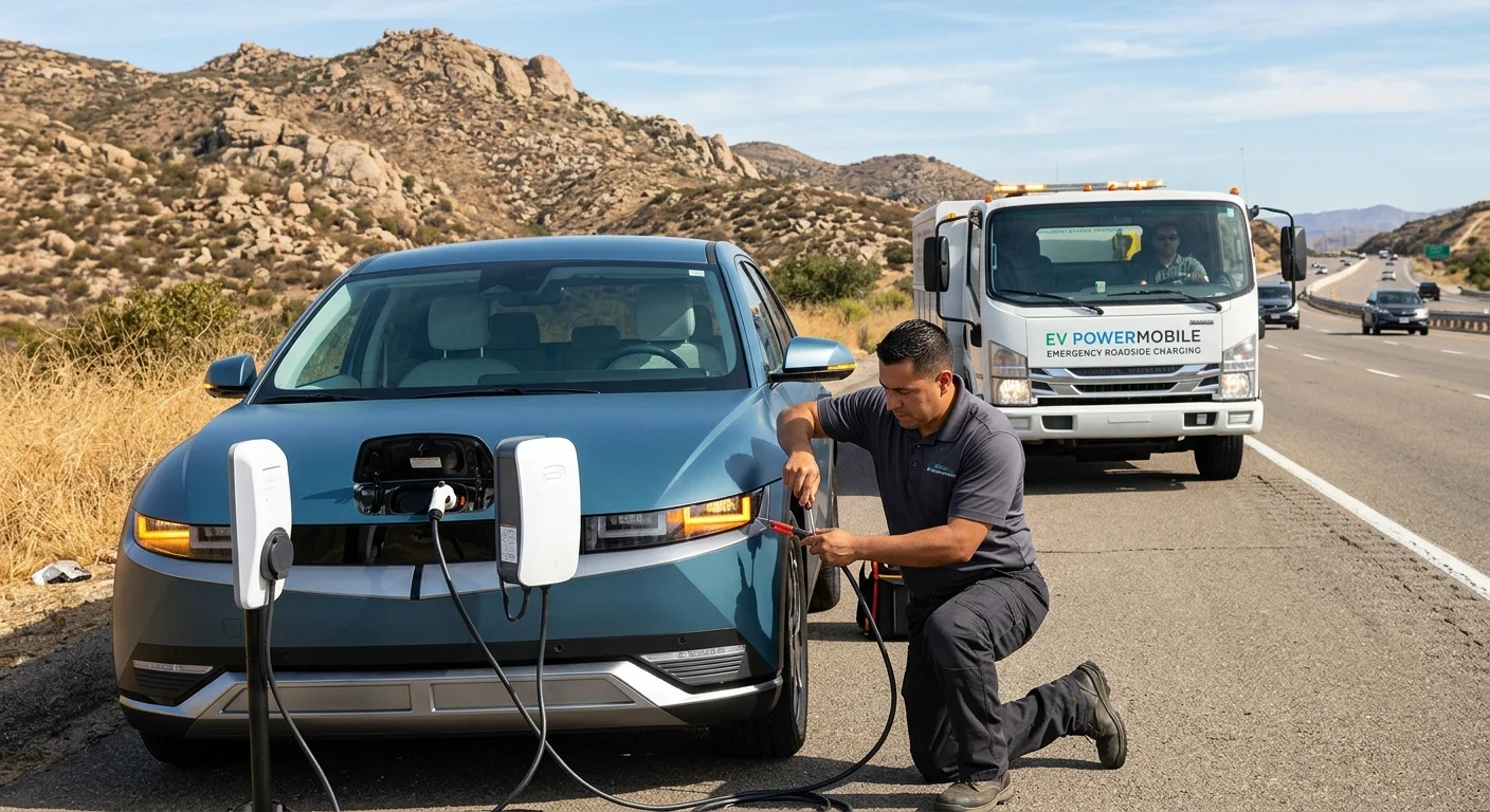 A technician kneels to connect a mobile charger cable to a stopped EV, with a service truck parked behind the car on a paved shoulder.