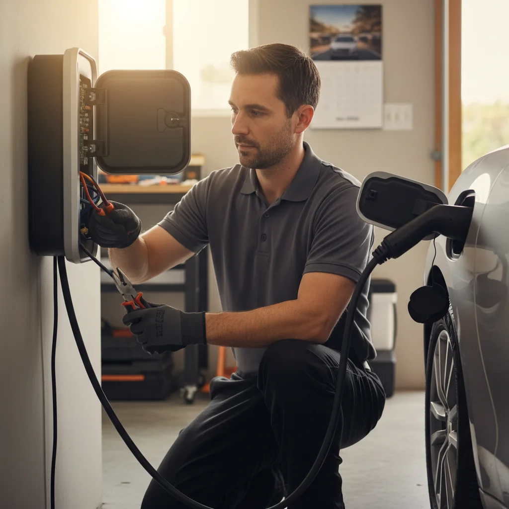 A technician standing beside an open charge port on a parked electric SUV