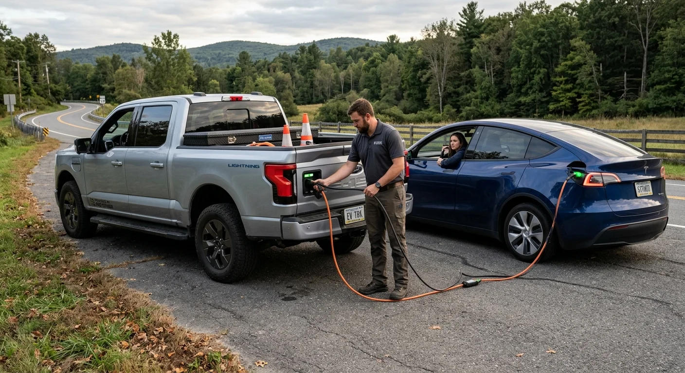 An electric pickup and a dark SUV on a paved shoulder with a charging cable between them