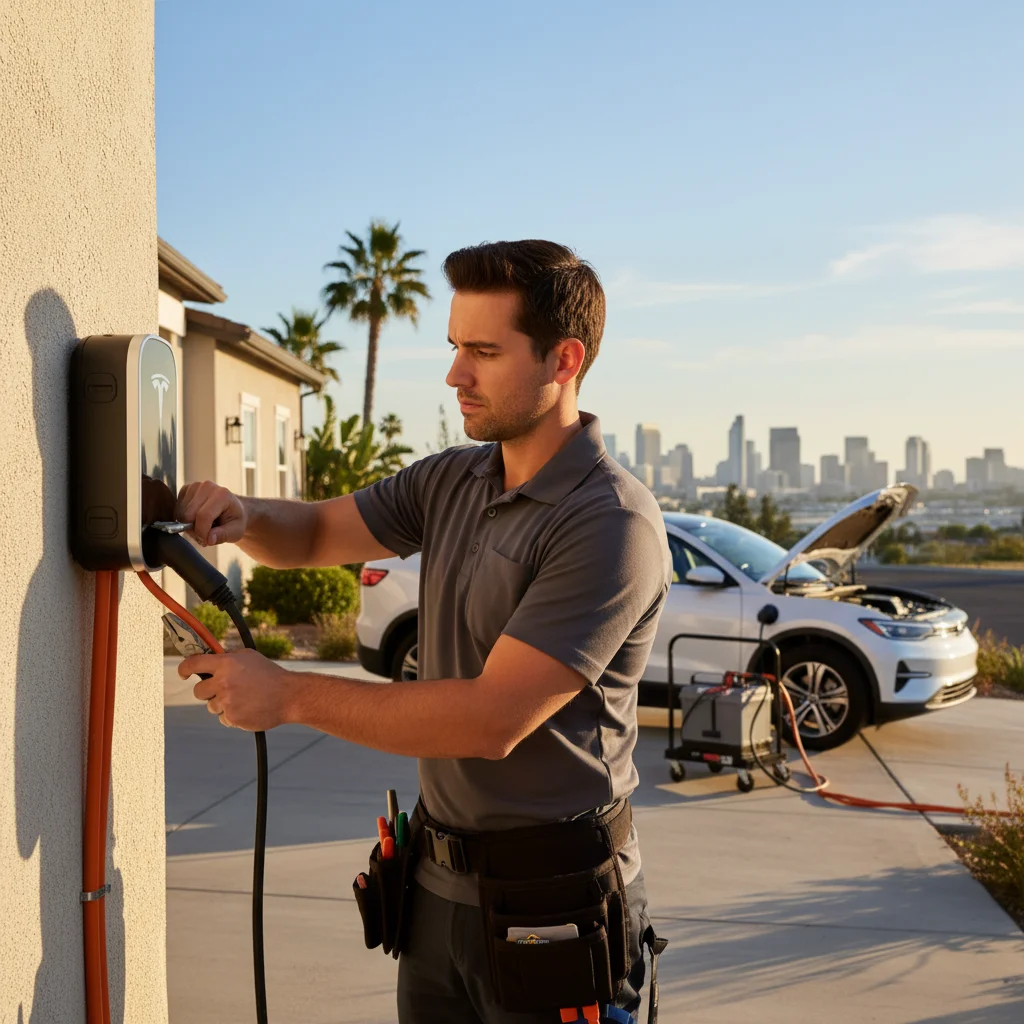 A roadside operator standing beside a dark electric SUV with charging gear on the pavement