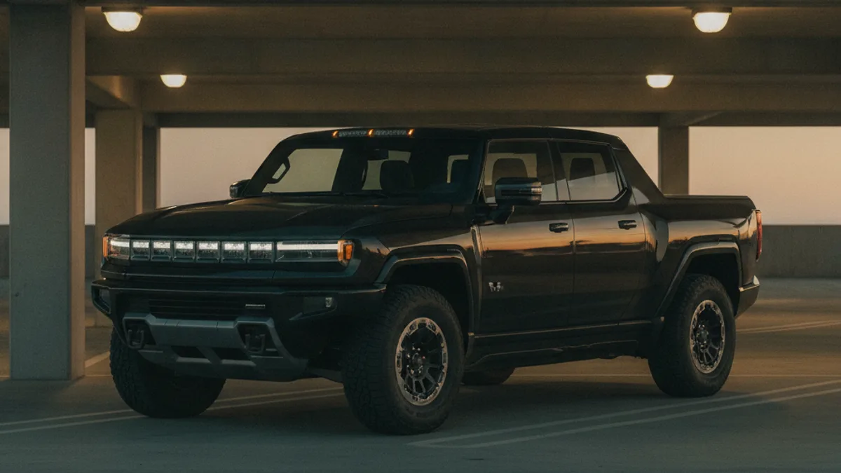 A large electric pickup with a dark, unlit cabin parked in a dim garage aisle