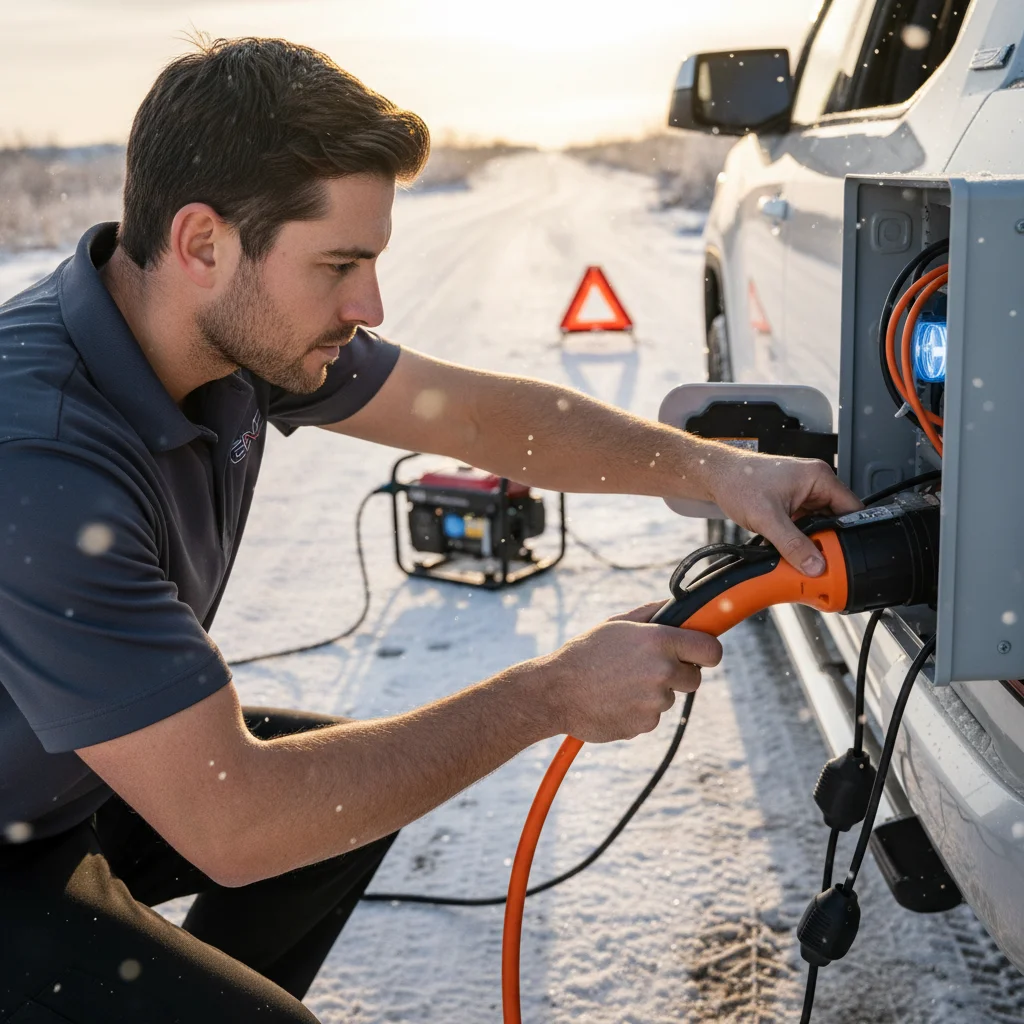 Charging cable plugged into the charge port of a large electric pickup at the curb