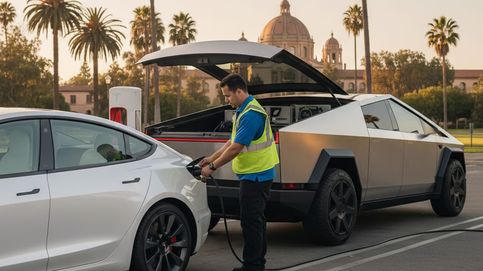 Parked electric car with dark interior screens and a closed charge port in a lot