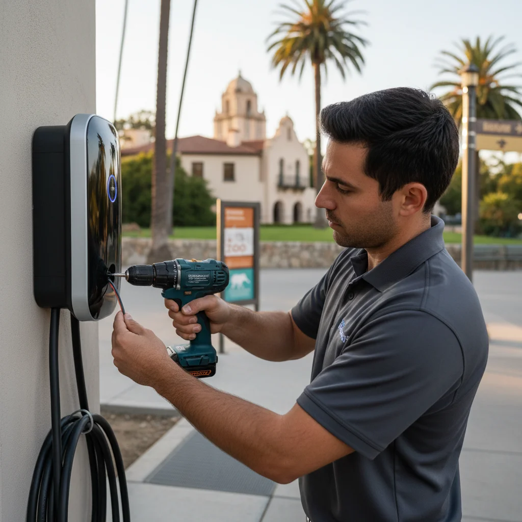 Helper at an EV front trunk with a compact jump pack and cables