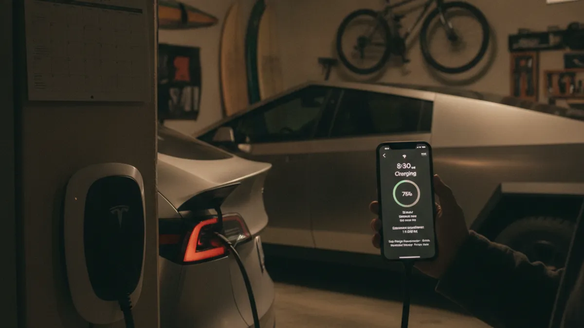 A Tesla parked on a paved shoulder with a mobile charging cable plugged into the charge port.