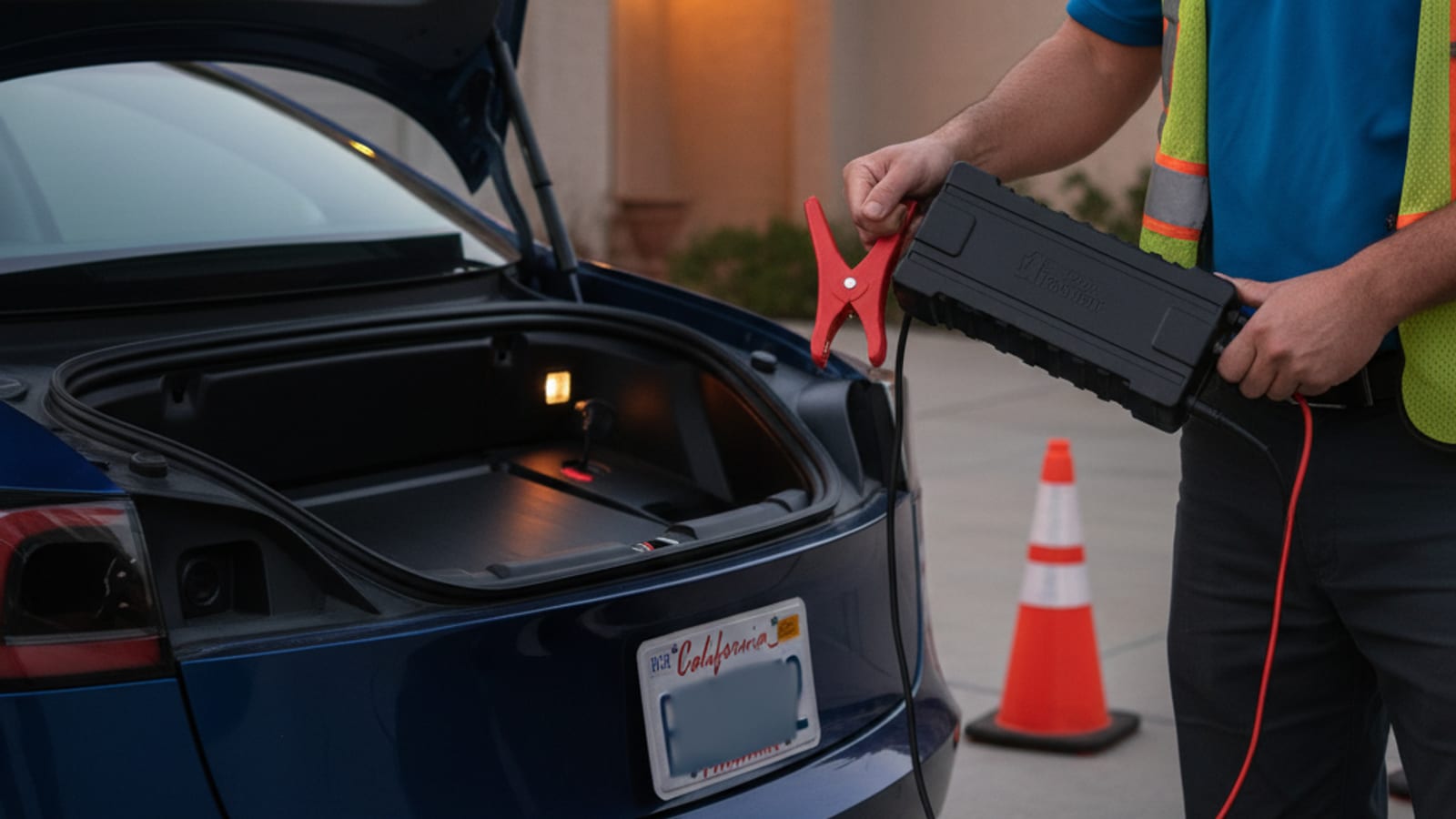 Portable lithium jump pack and jumper leads set out beside a parked electric car