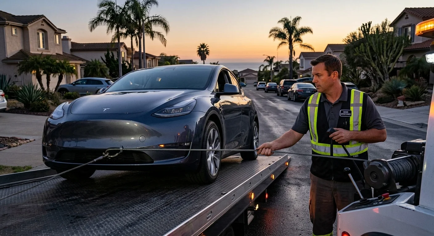 A Tesla being winched onto a flatbed with its wheels straight and a technician guiding the cable.