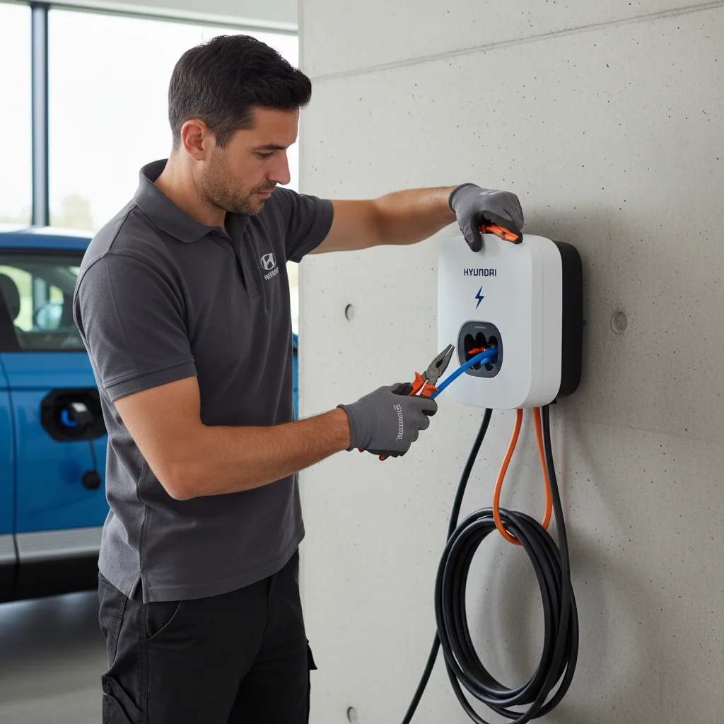 A person standing beside an electric SUV on the roadside with a charging cable plugged in