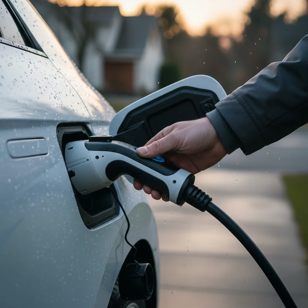 Driver's hand on a CCS plug that will not release from a Hyundai Ioniq 5 charge port.
