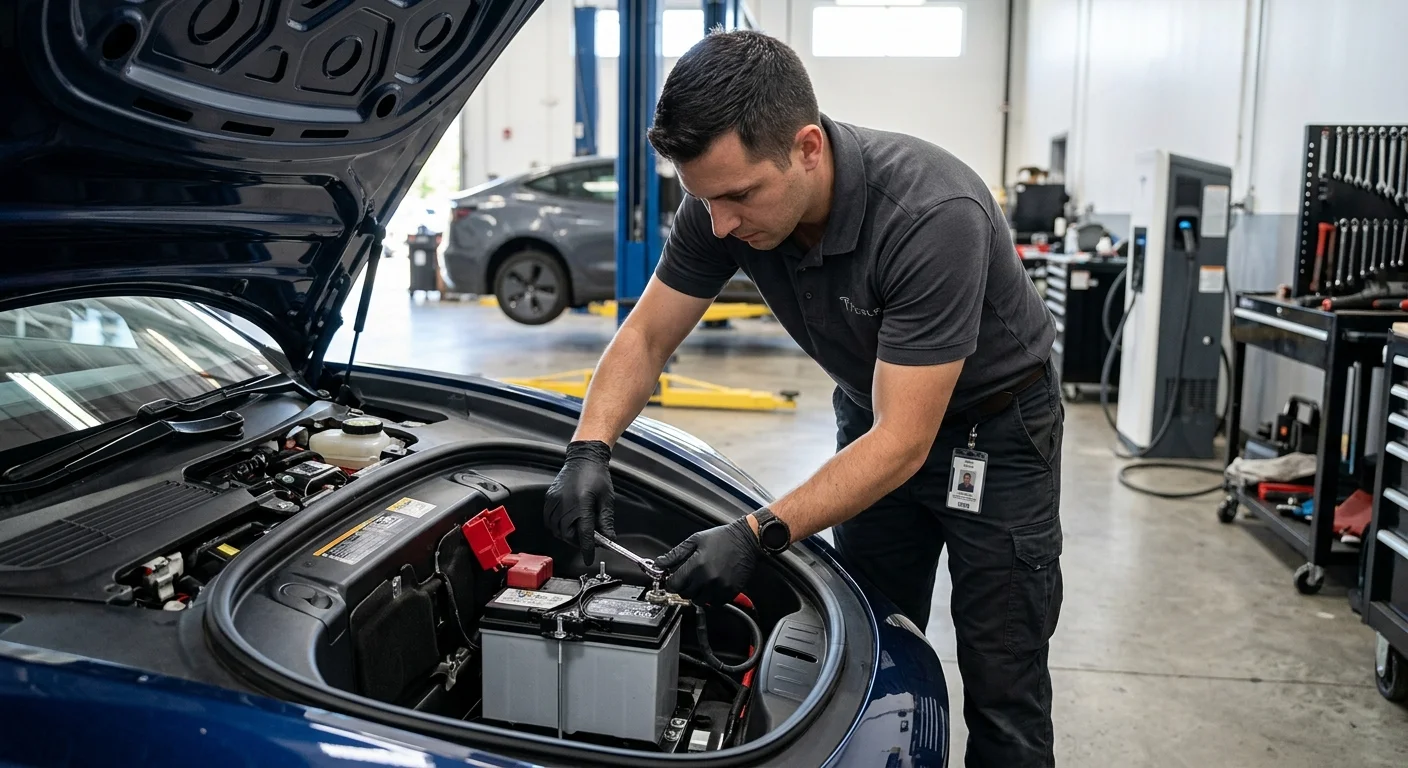 Technician lifting an EV cargo liner to reach a 12V auxiliary battery