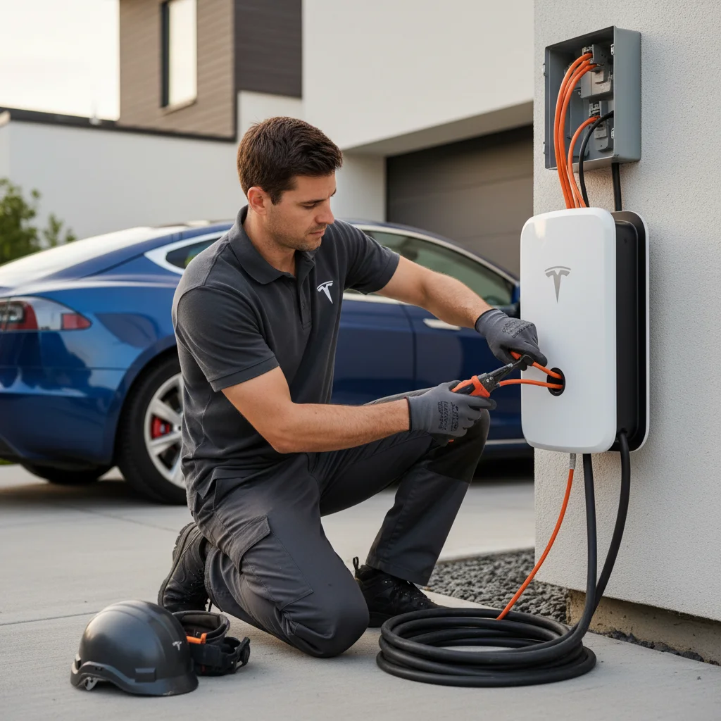 Service van parked behind an electric car on asphalt with orange cones nearby