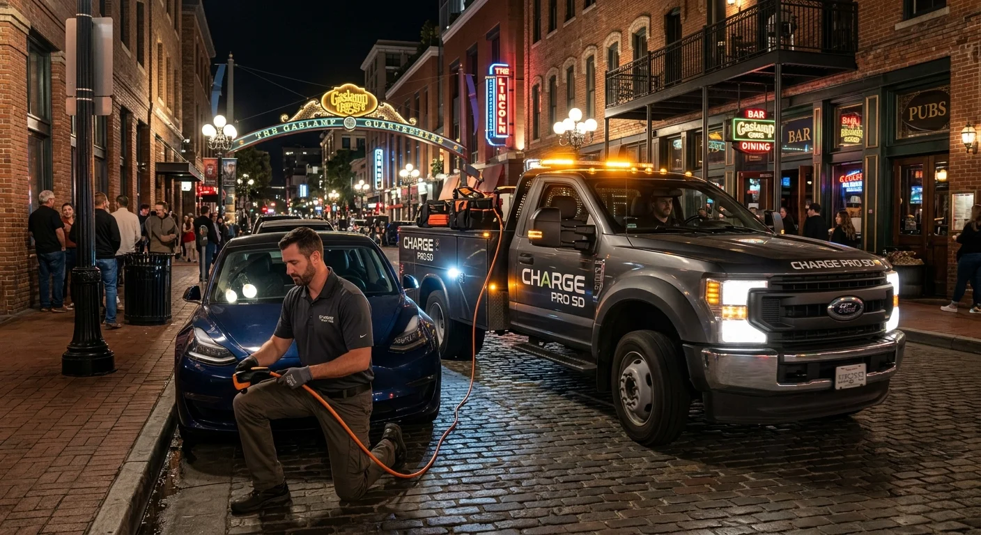 A charging truck parked beside an electric car in a concrete garage aisle