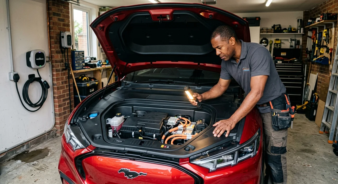 A person standing by an electric crossover with the front trunk open, using a flashlight to check the battery bay.