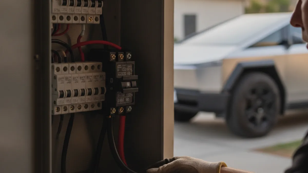 An electrician's hands working inside an open residential electrical panel with a 240-volt breaker visible.