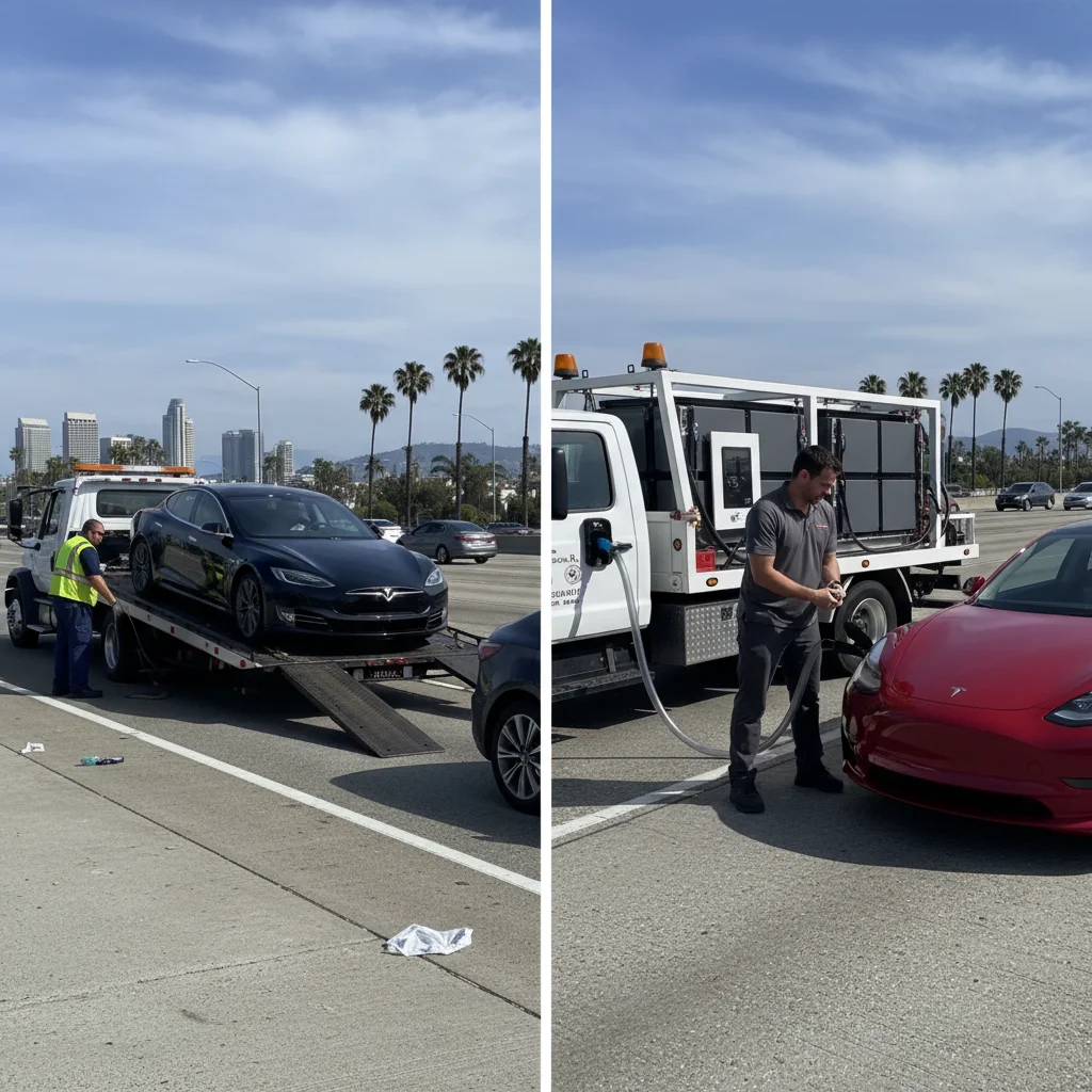 Flatbed loading an electric car beside a mobile charger plugged into an EV on a freeway shoulder