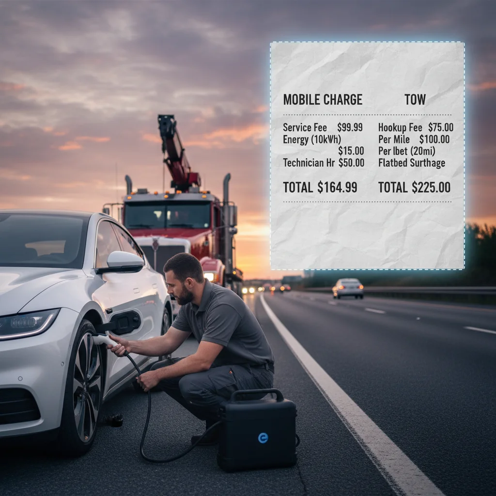 Paper invoices beside an electric car on a roadside shoulder, one for a mobile charge and one for a tow