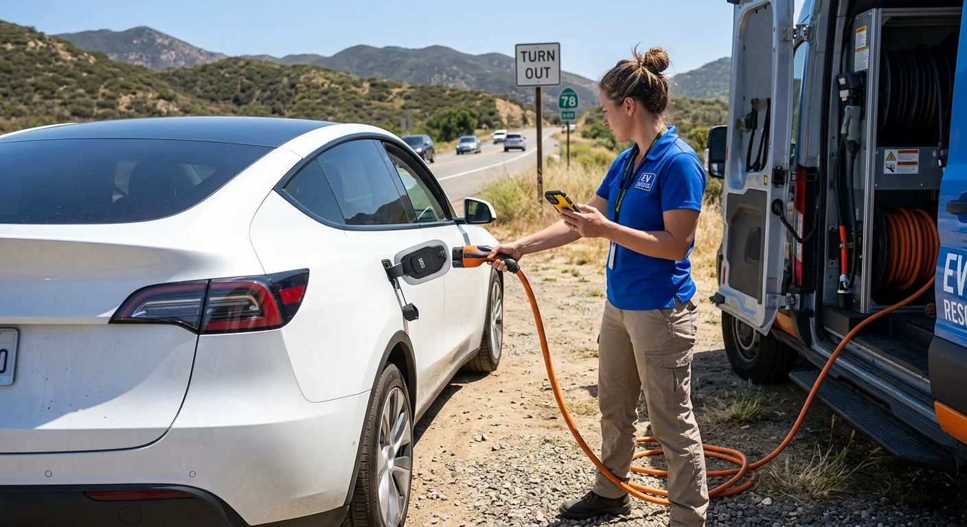 An electric vehicle parked in a roadside turnout while a driver waits beside it
