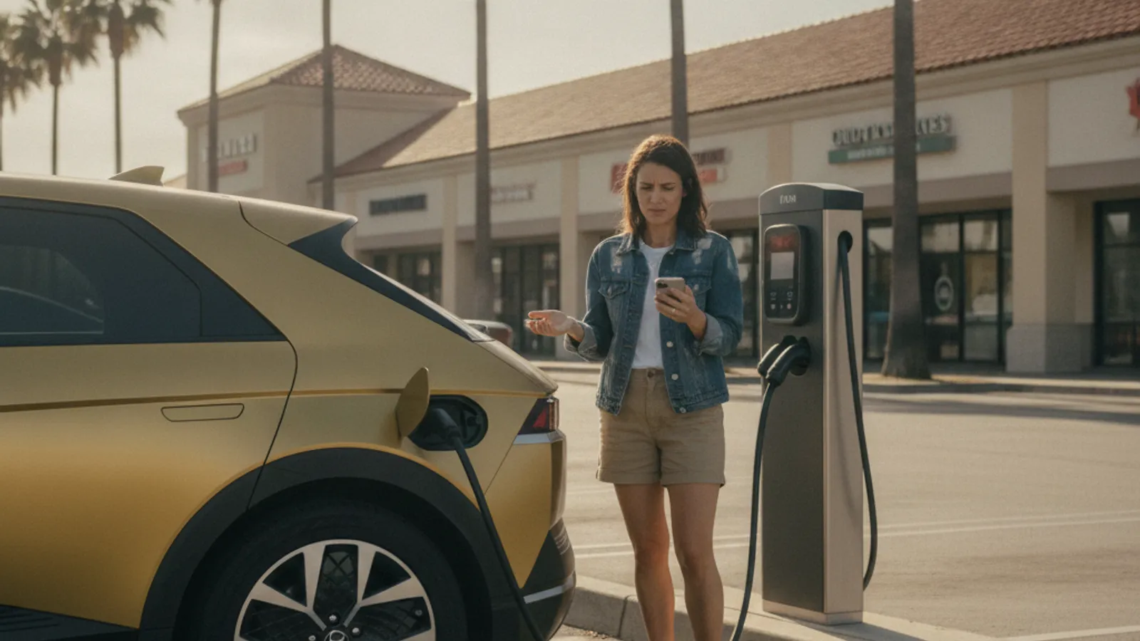 A driver stands beside a public DC fast-charging kiosk showing an error light in a parking lot