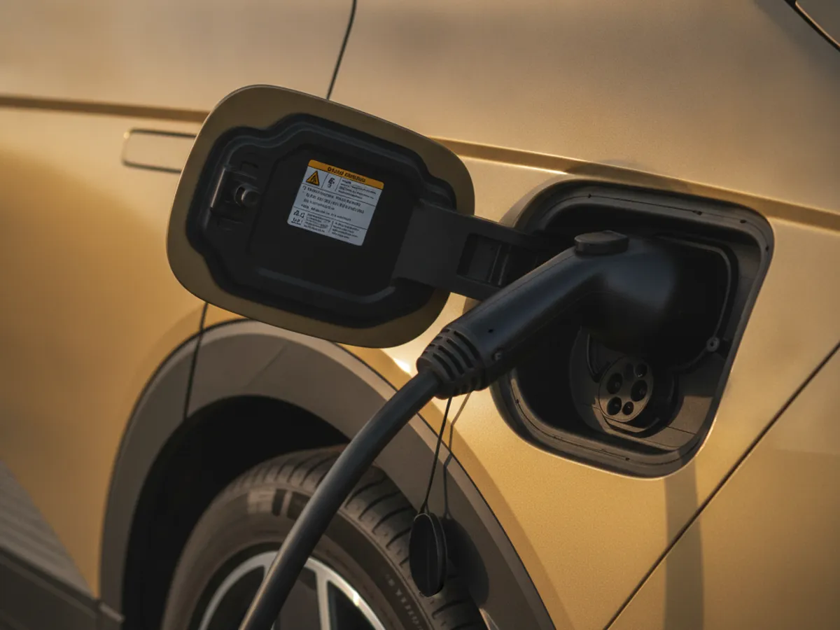 A CCS charging cable and adapter connected to the rear charge port of an electric car
