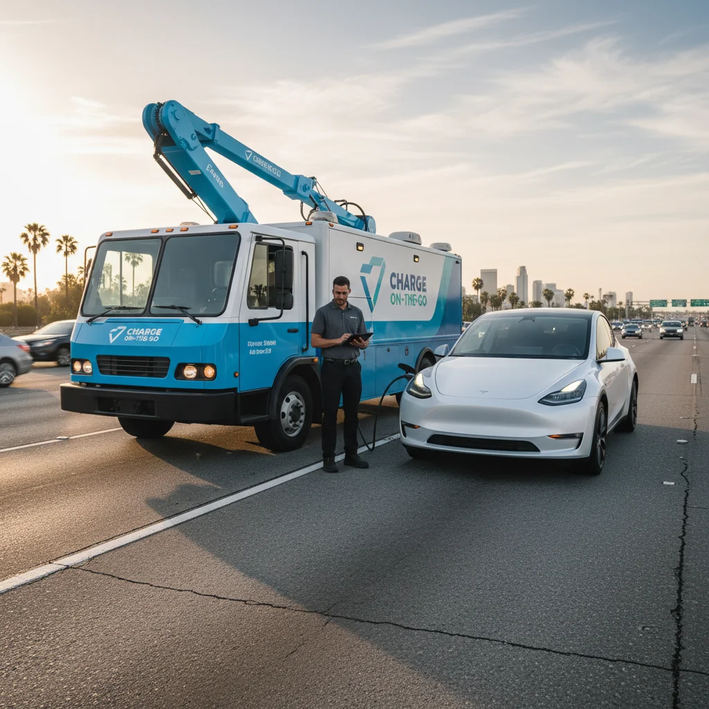 A mobile EV charging truck parked beside a stranded electric car on a roadside shoulder
