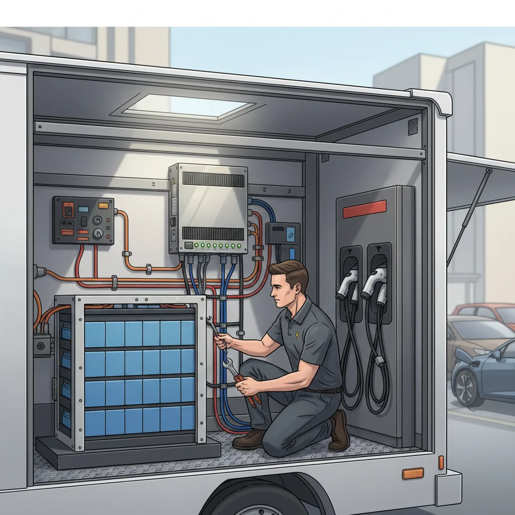 Close view of a charging cable and onboard hardware on a mobile EV rescue truck