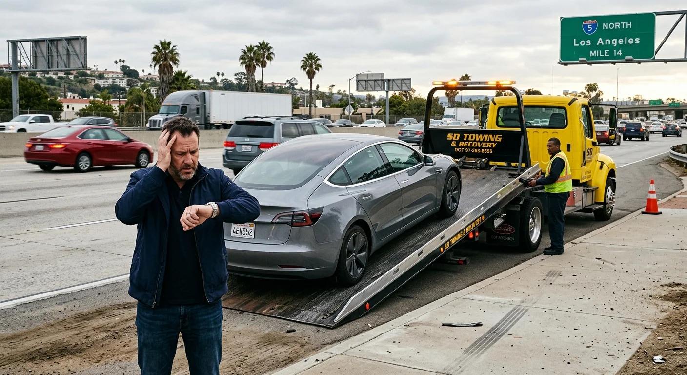 Flatbed tow truck loading an electric car on a freeway shoulder while a driver waits nearby