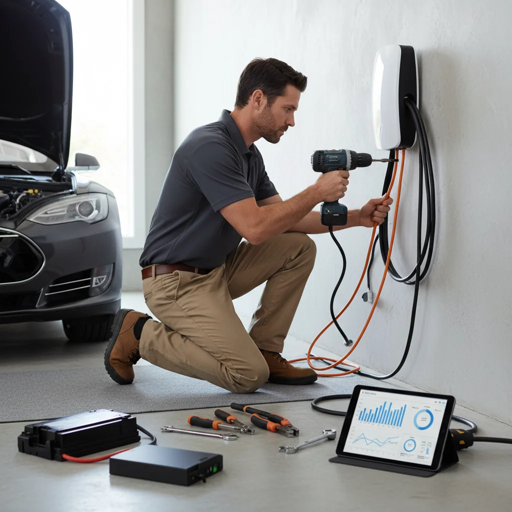 A driver checks an EV charging status screen on a public charger kiosk in a parking lot