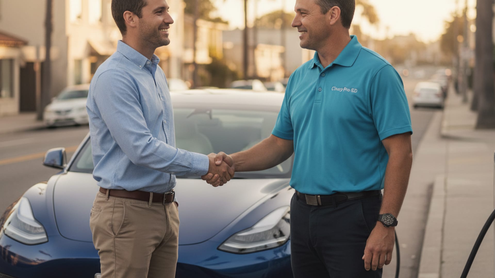 An EV driver speaking with a roadside professional beside a Tesla Model 3 in Los Angeles County