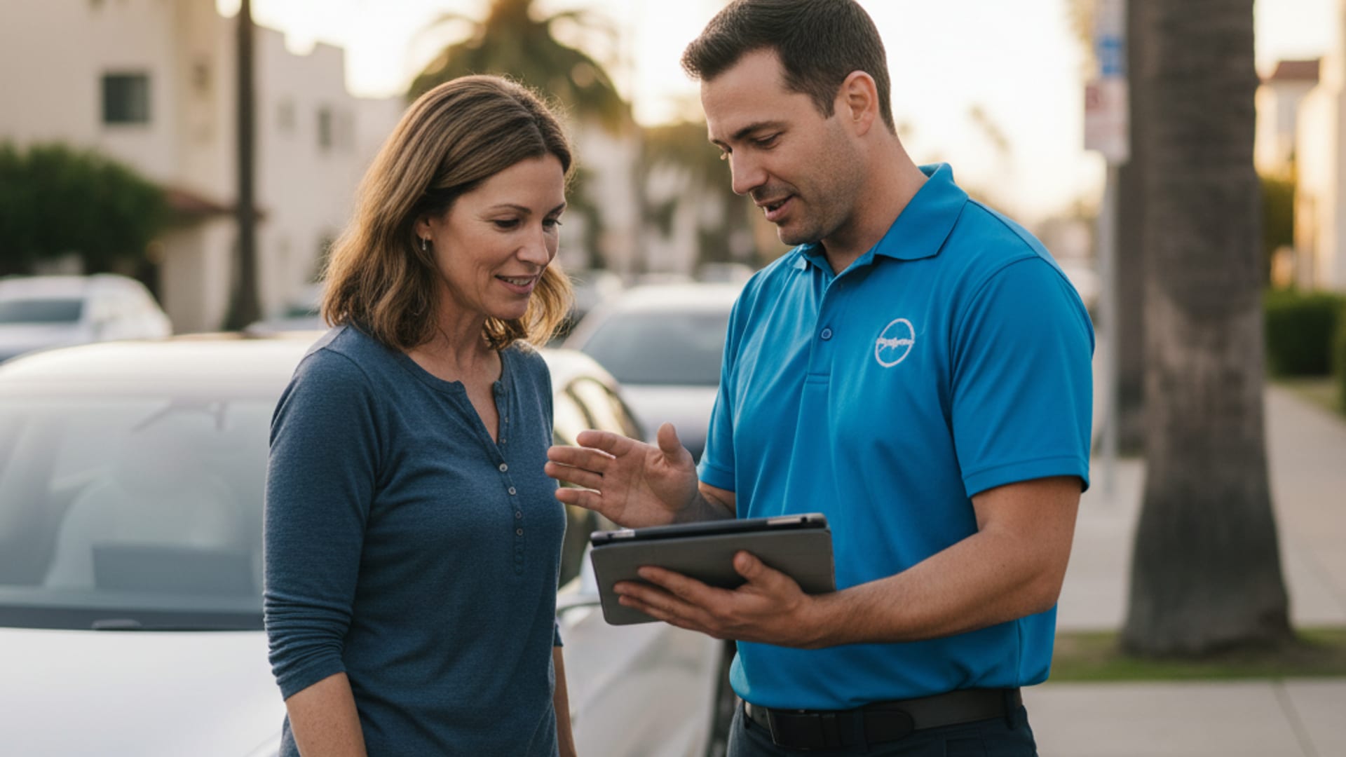 An EV driver discussing roadside options beside a Tesla Model 3