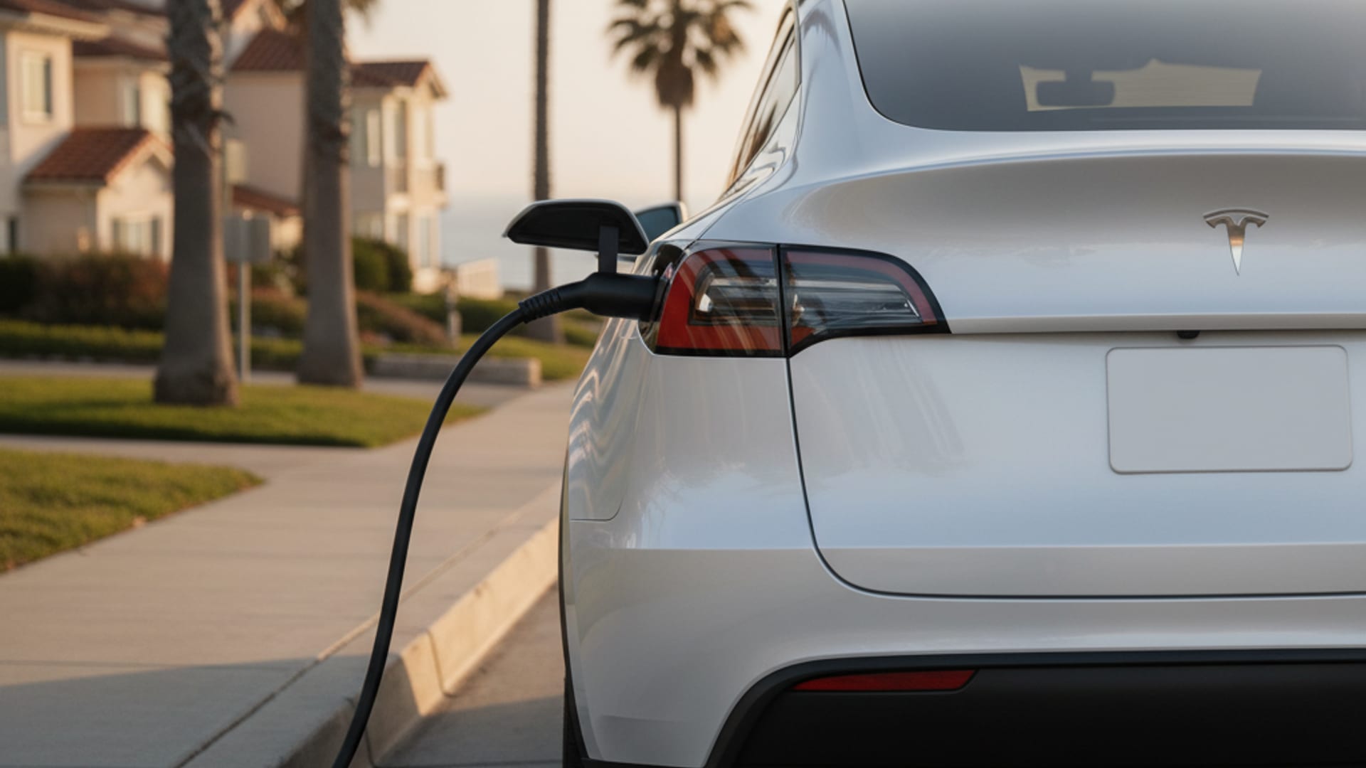 Mobile charging cable connected to a Tesla Model Y on a Los Angeles County street