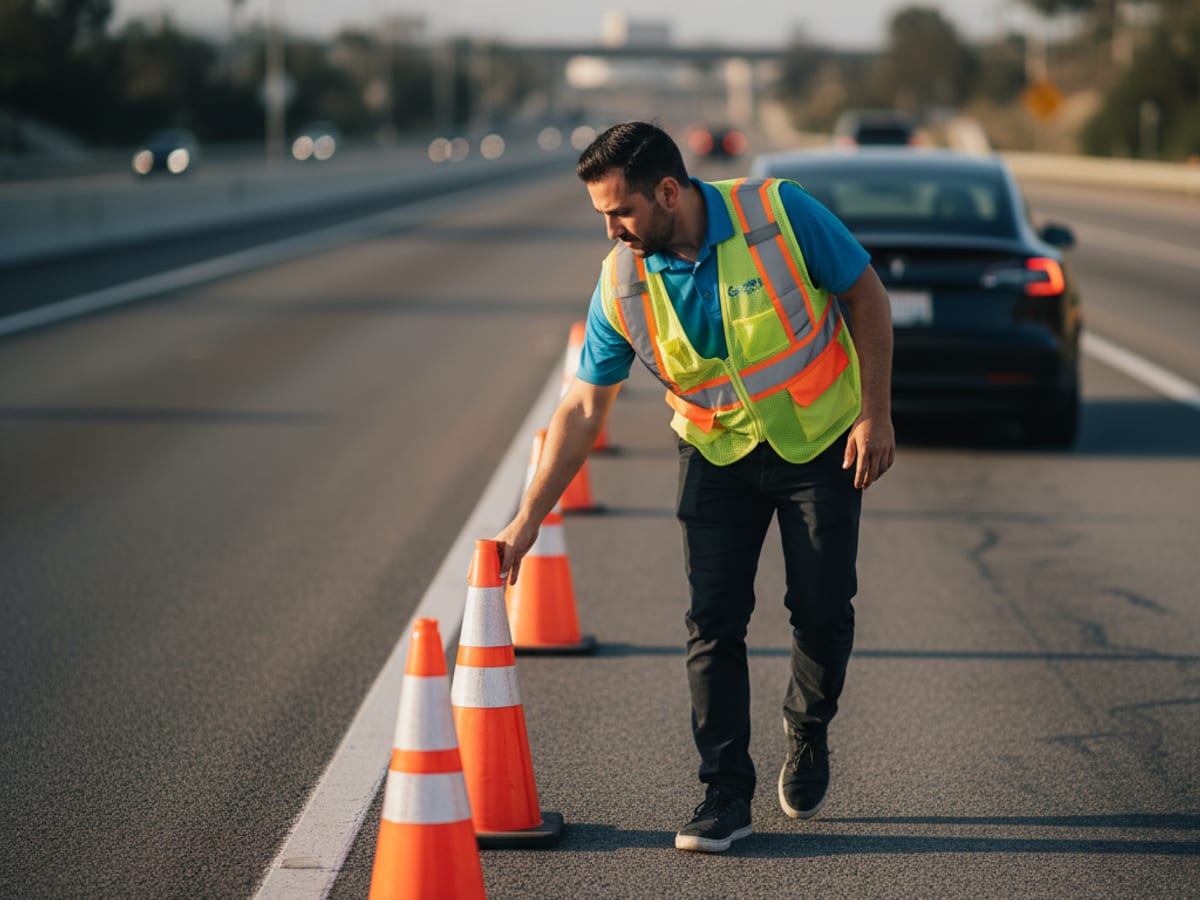 Roadside safety cones placed near an electric vehicle in Los Angeles County