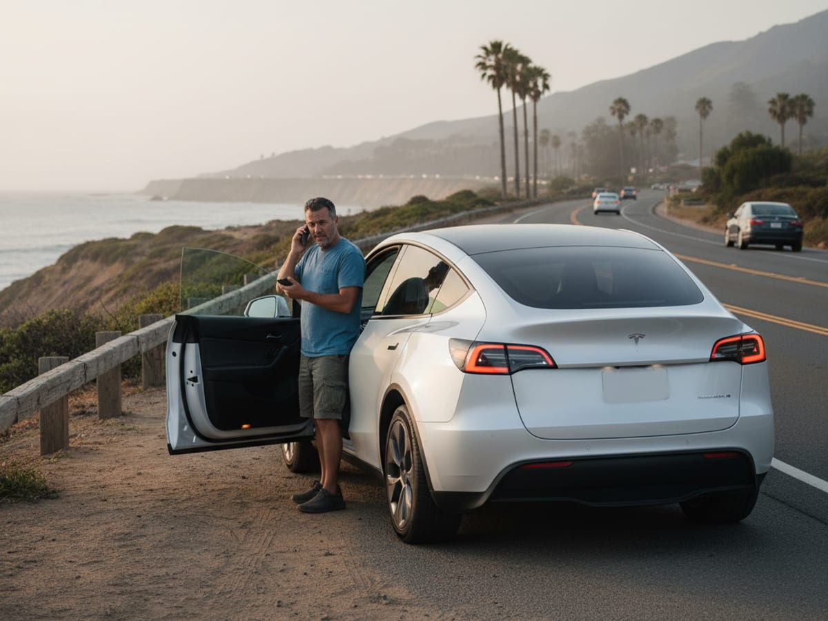 Mobile charging cable connected to a Tesla at a safe roadside location in Los Angeles County